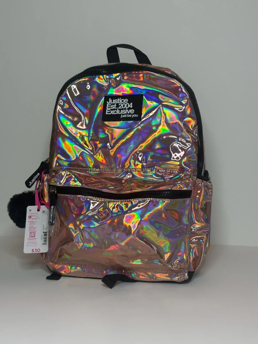 Justice Girls Holographic Iridescent Backpack Rose Gold Pom Pom NWT